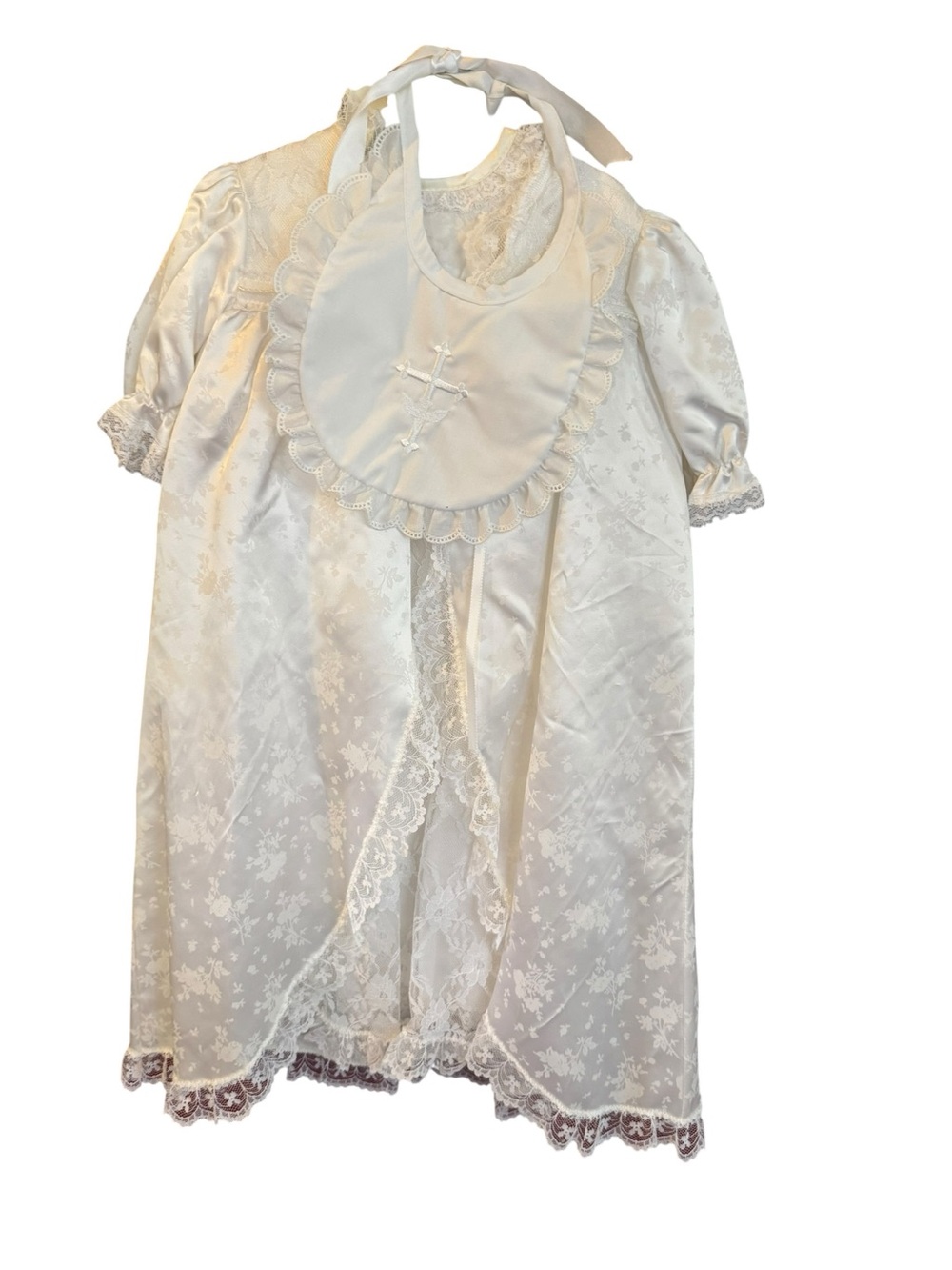 NEW Vtg Christening Gown Dress Bonnet Set Baby 6-9 M Baptism Lace Floral Madonna